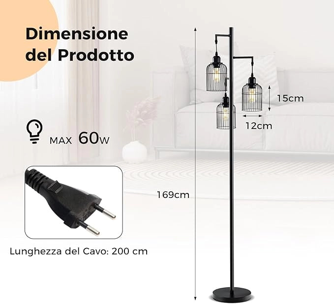 Lampada da Terra Moderna, Lampada da Terra Industriale con 3 Paralumi a Gabbia, Interruttore a Pedale e Base Robusta, Lampada da Salotto, Camera da Letto e Studio [Classe di efficienza energetica A]