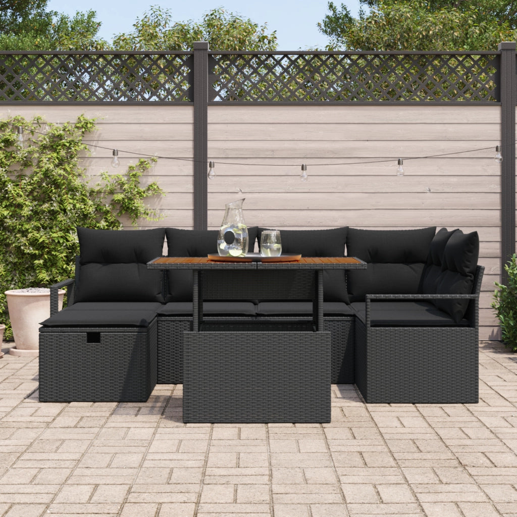 Set di divano da giardino 7 pezzi con cuscini neri in polyrattan