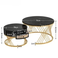 Tavolini Rotondi con Piano in Effetto Marmo e Cassetti in Rattan Sintetico, 2 in 1 da Salotto, Gambe in Ferro, Nero