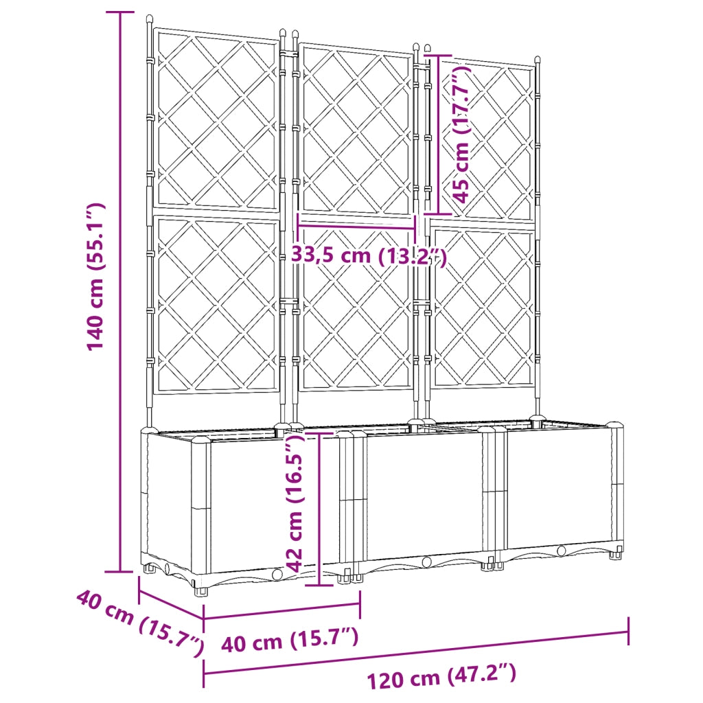 Fioriera da giardino con trellis 3 pz grigio chiaro 120x40x143 cm