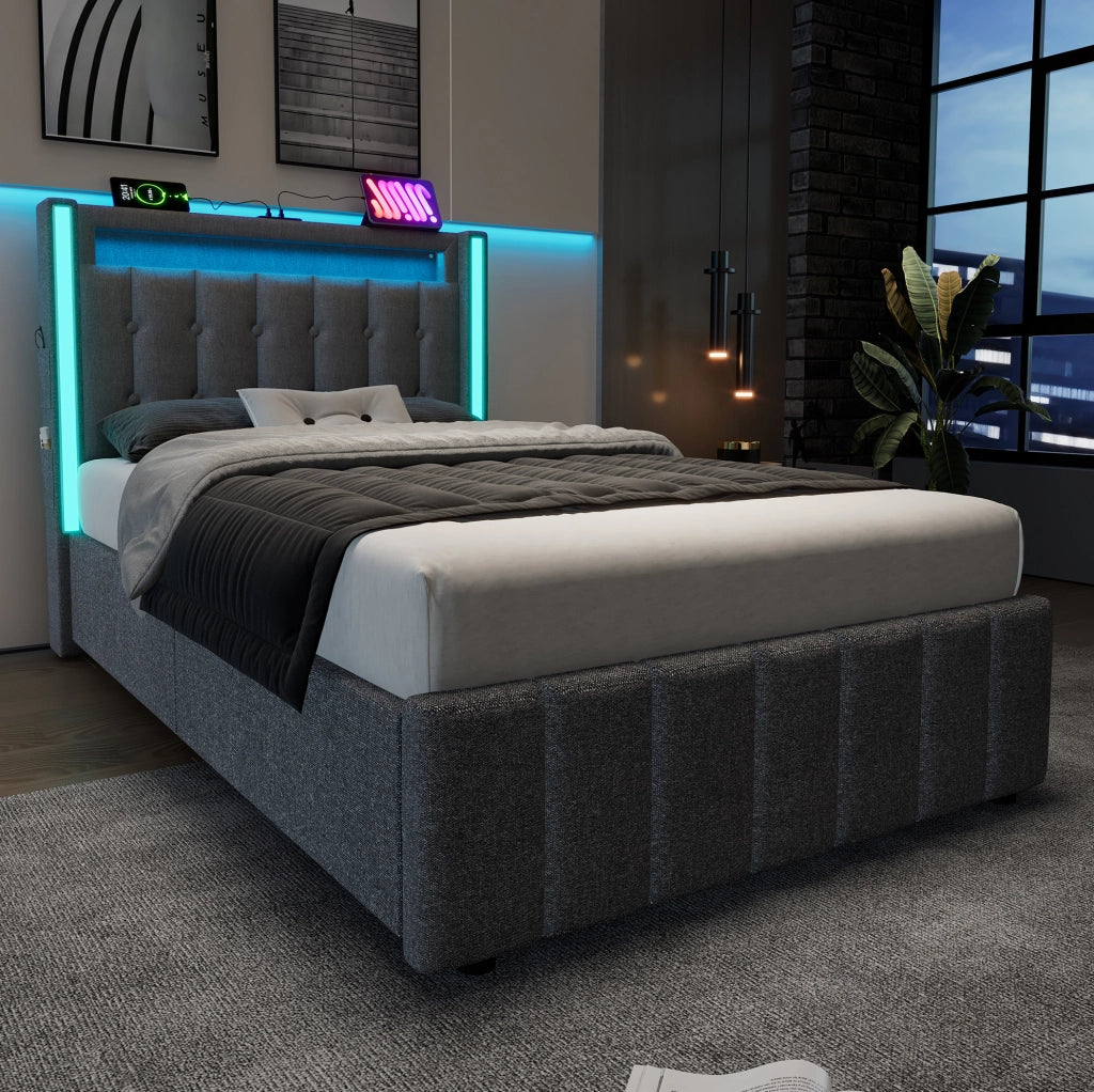 Letto singolo 90x200 cm con USB Type-C; LED e 2 cassetti; grigio