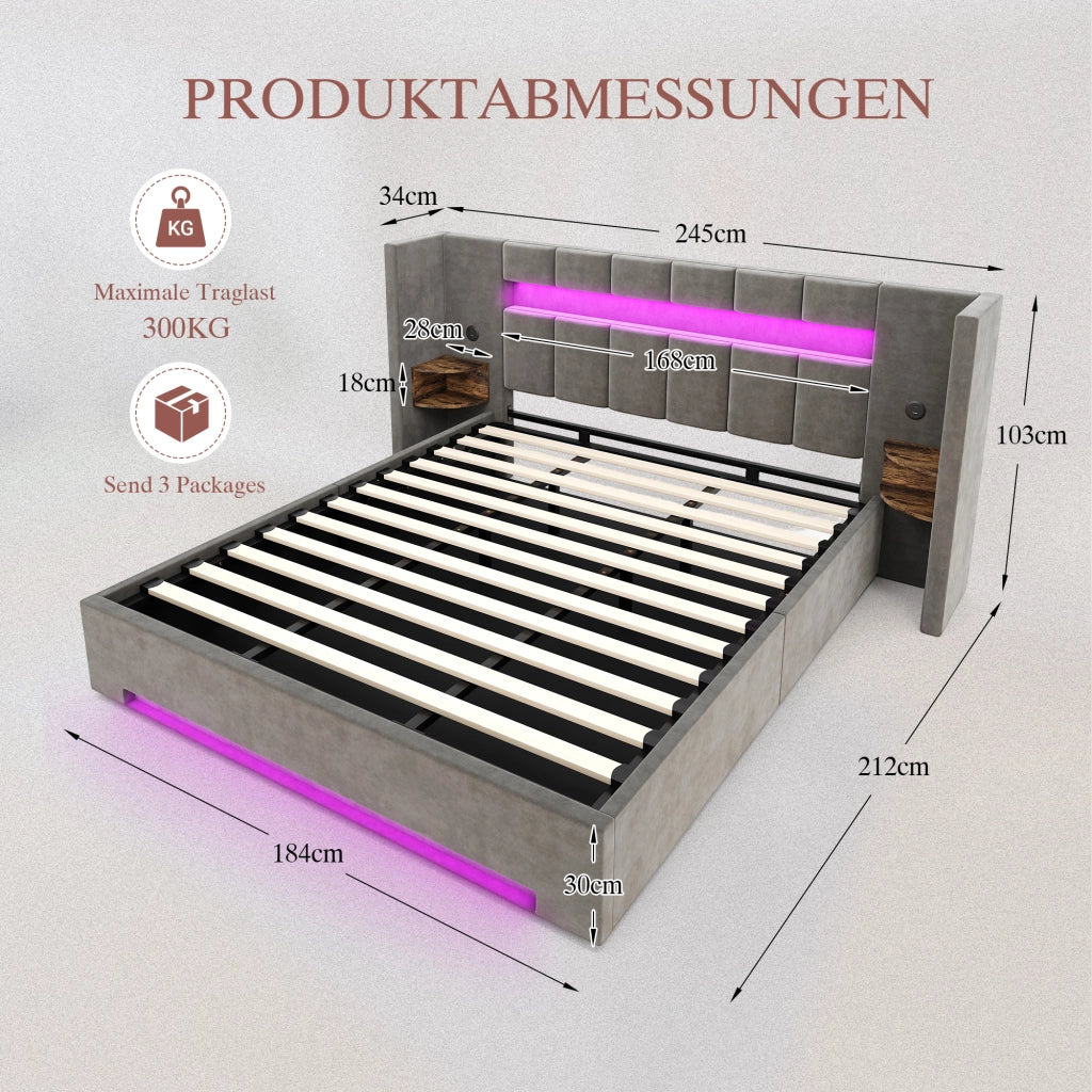 LETTO imbottito 180x200 cm in velluto grigio scuro con USB, LED e contenitore