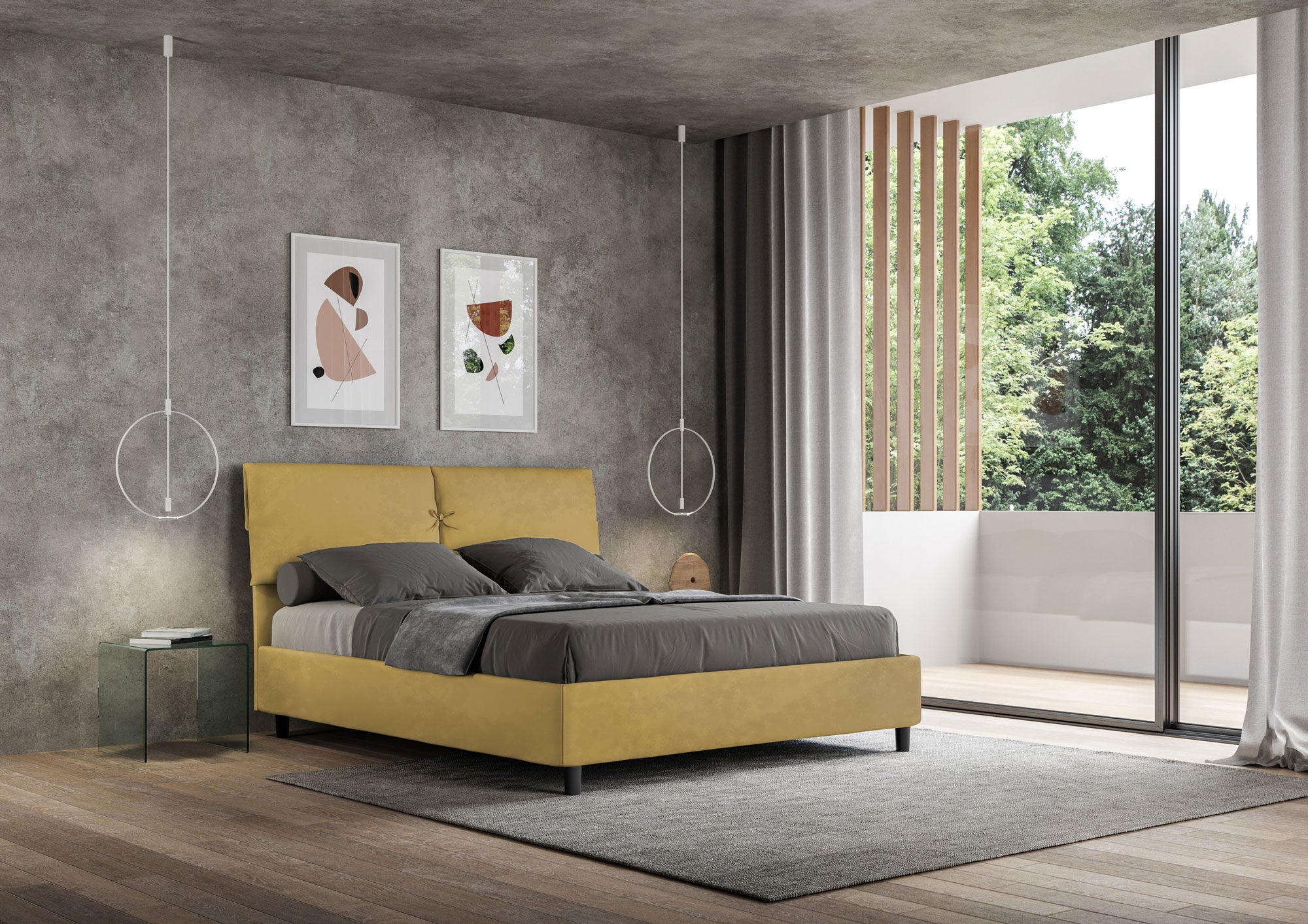 Letto Matrimoniale 160x210 cm con Rete e Contenitore con Testata e Alzata Comoda Imbottito in Microfibra Mados Ocra