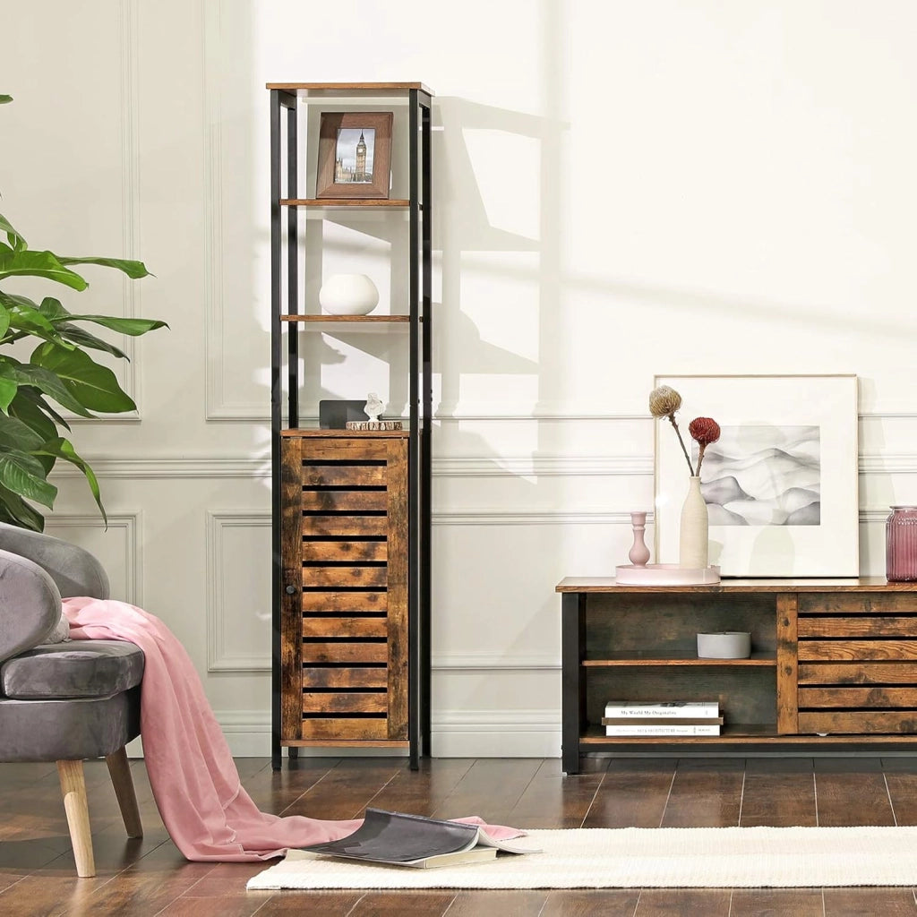 VASAGLE Armadietto Autoportante in Stile Industriale, Scaffale Mobiletto da Bagno, Credenza con 3 Ripiani, Alto e Multifunzionale in Soggiorno, 37 x 30 x 167 cm, Vintage LSC37BX