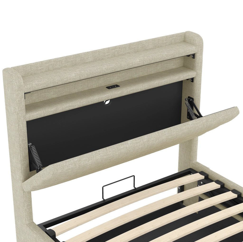 Letto imbottito 90x200 cm con LED; contenitore idraulico e porte USB in lino beige