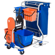 Carrello per la pulizia con 4 secchi, carrello per mocio, carrello modulare con ruote, blu/arancione, 100 x 70 x 103 cm |