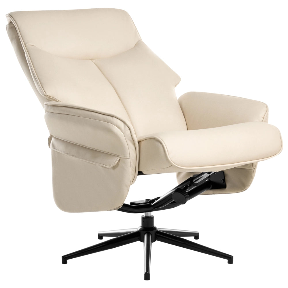 Poltrona reclinabile beige chiaro con poggiapiedi in ecopelle vegana, girevole e imbottita, con struttura in metallo dal design retrò.