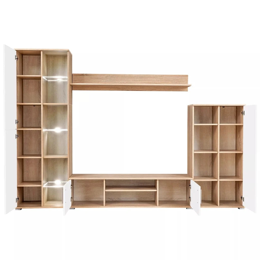 Mobile TV/credenza a parete dal design pratico con illuminazione a LED finitura rovere Sonoma e bianco 2502199