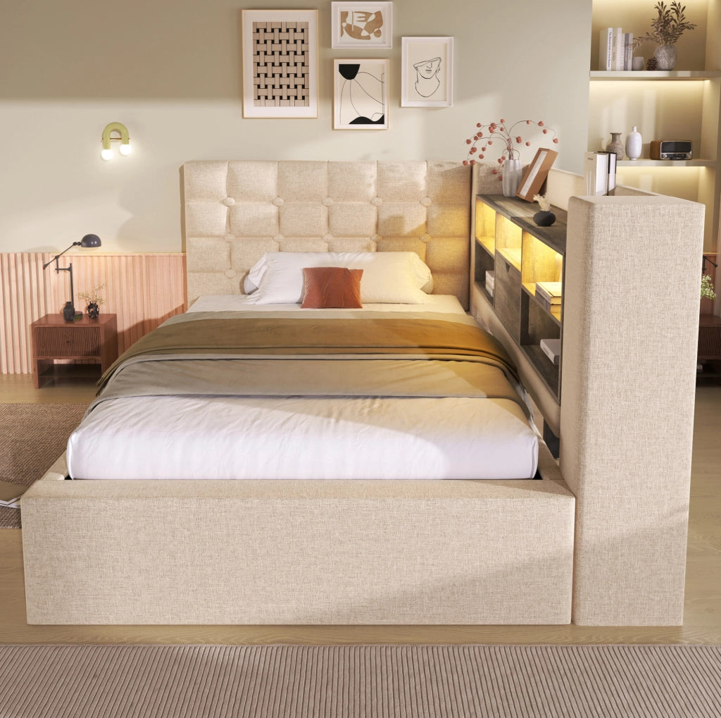 Letto singolo 90x200 cm con LED; contenitore idraulico e testiera L reversibile in lino beige