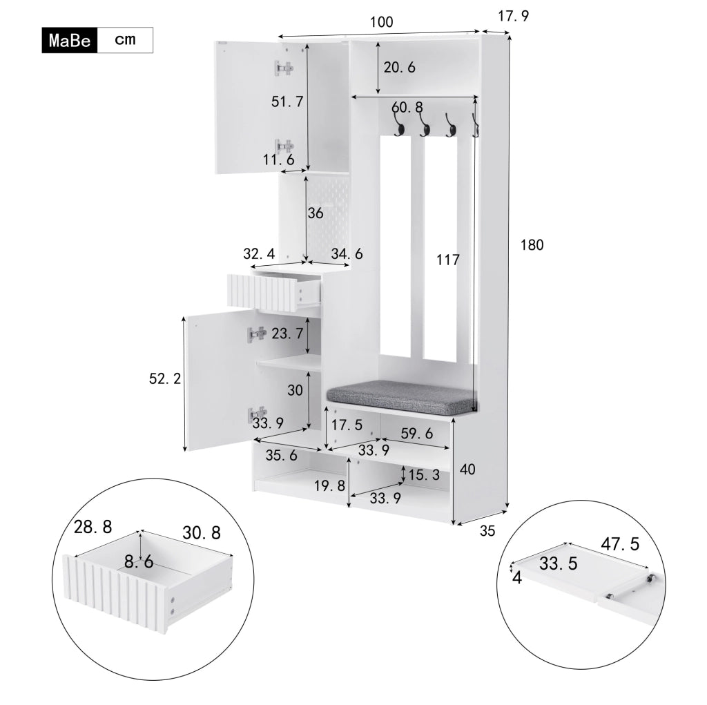 Guardaroba da ingresso multifunzione con panca e cassetti, bianco, MDF