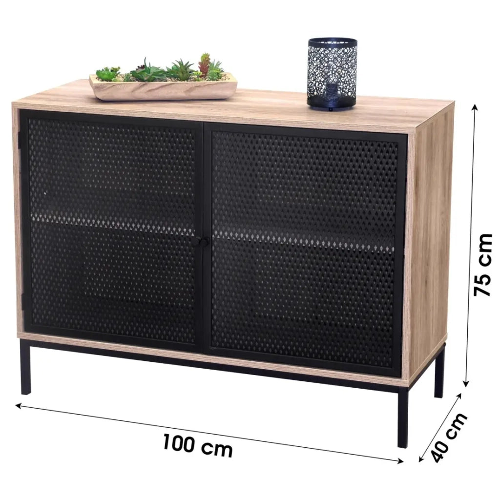 Buffet a 2 porte con griglia in metallo nero - Colore rovere chiaro, dimensioni 100x40xH75 cm - Collezione METALIX