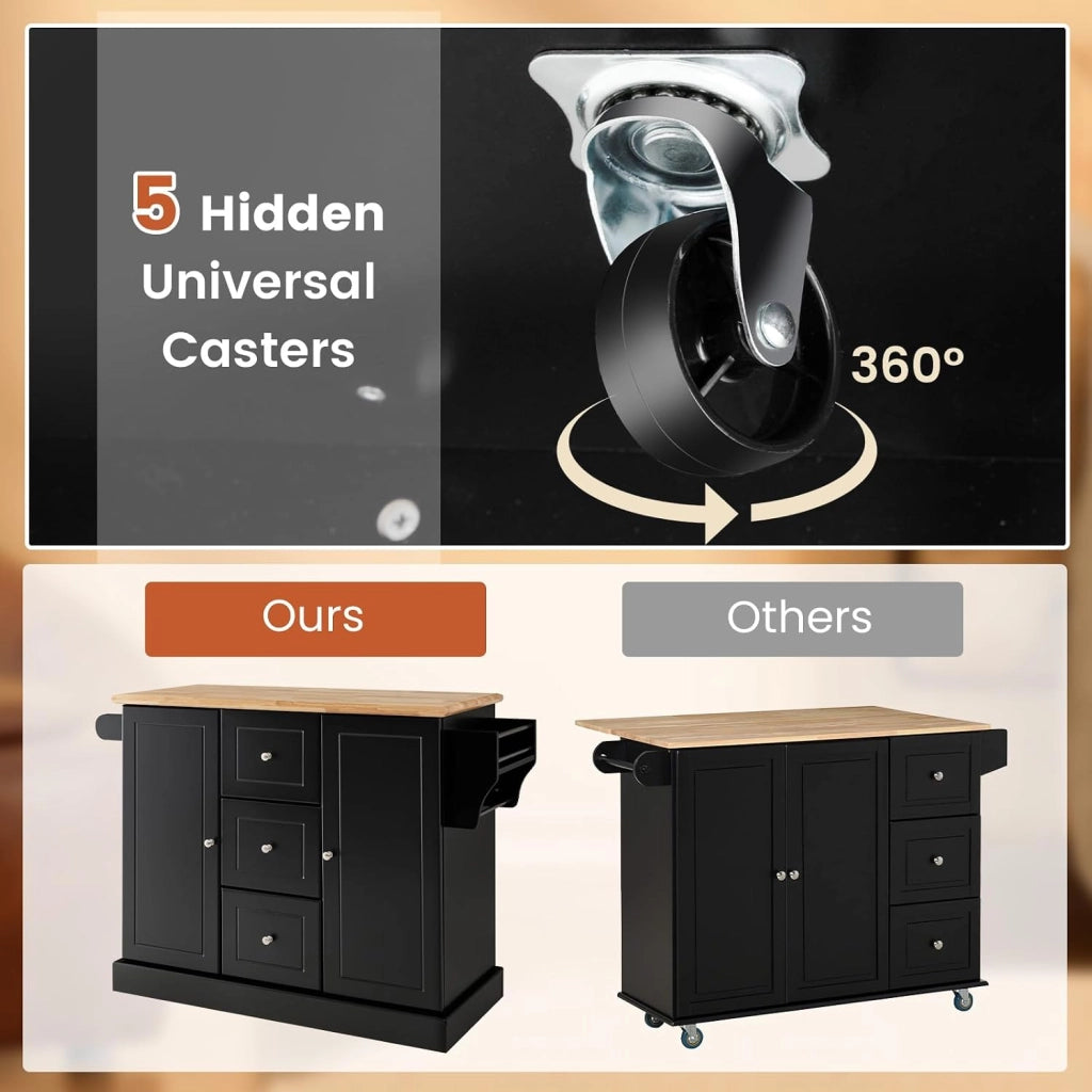 Carrello da Cucina in Legno di Quercia con 2 Armadi e 3 Cassetti, Credenza con 5 Rotelle e Cerniere in Metallo, Isola da Cucina per Soggiorno e Sala da Pranzo (Nero)