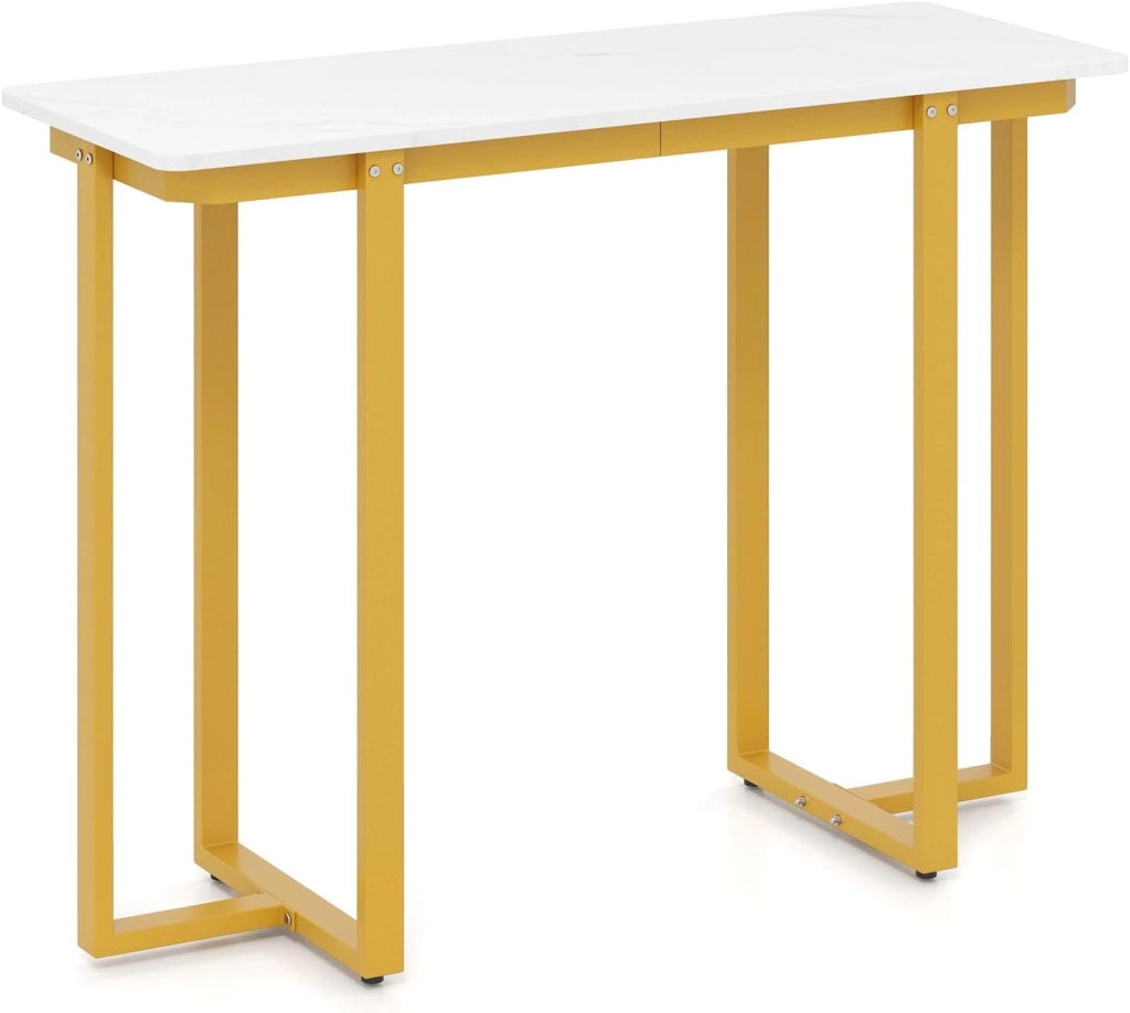Tavolo consolle da ingresso, 107 x 40 x 79,5 cm, struttura in metallo e piano in finto marmo, tavolino moderno per soggiorno, corridoio, corridoio (orato)