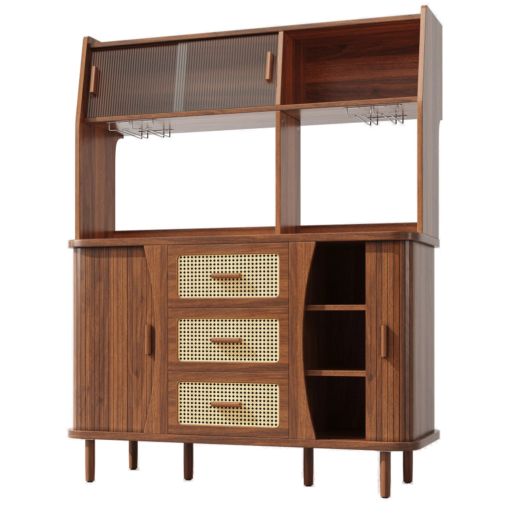 Credenza con 3 cassetti; ante scorrevoli in vetro e vani aperti - per cucina - noce