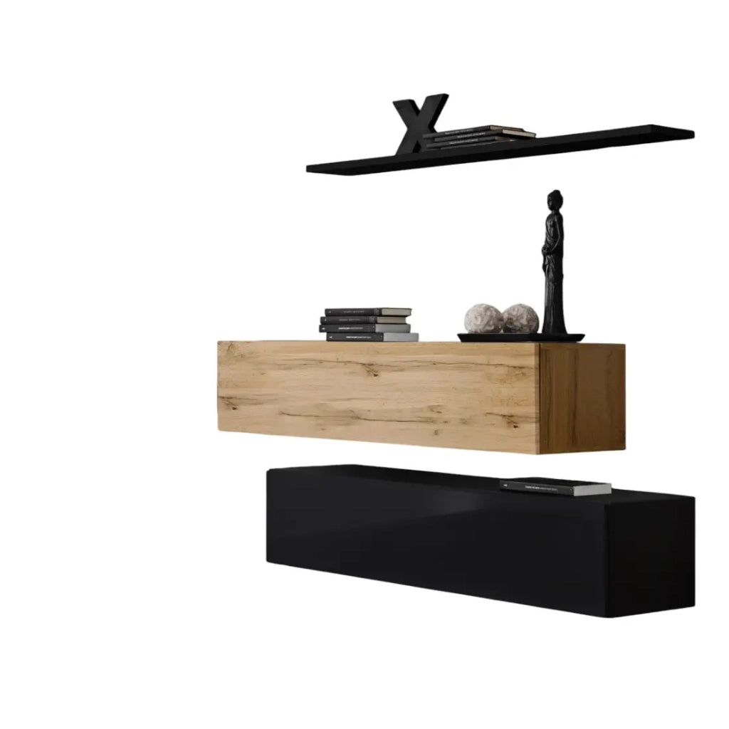 Set di mobili da soggiorno SWITCH SBII design, colore nero lucido e quercia Wotan.