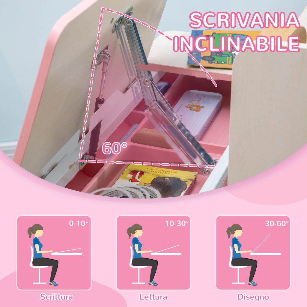 Set Scrivania e Sedia per Bambini da 3 Anni Regolabile, Tavolo Inclinabile a 60¡ã con Cassetto e Ripiani, Rosa