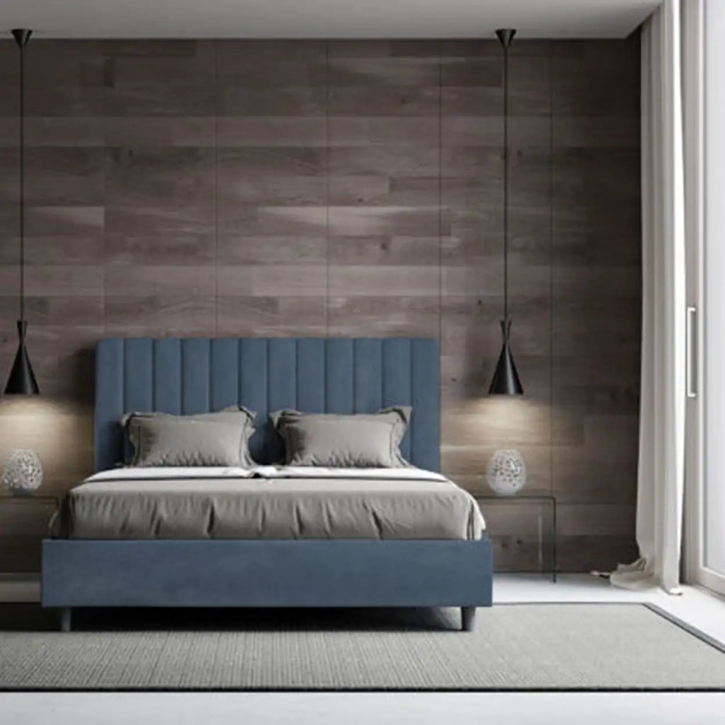 Letto matrimoniale con rete imbottito 160x190 microfibra blu Agueda