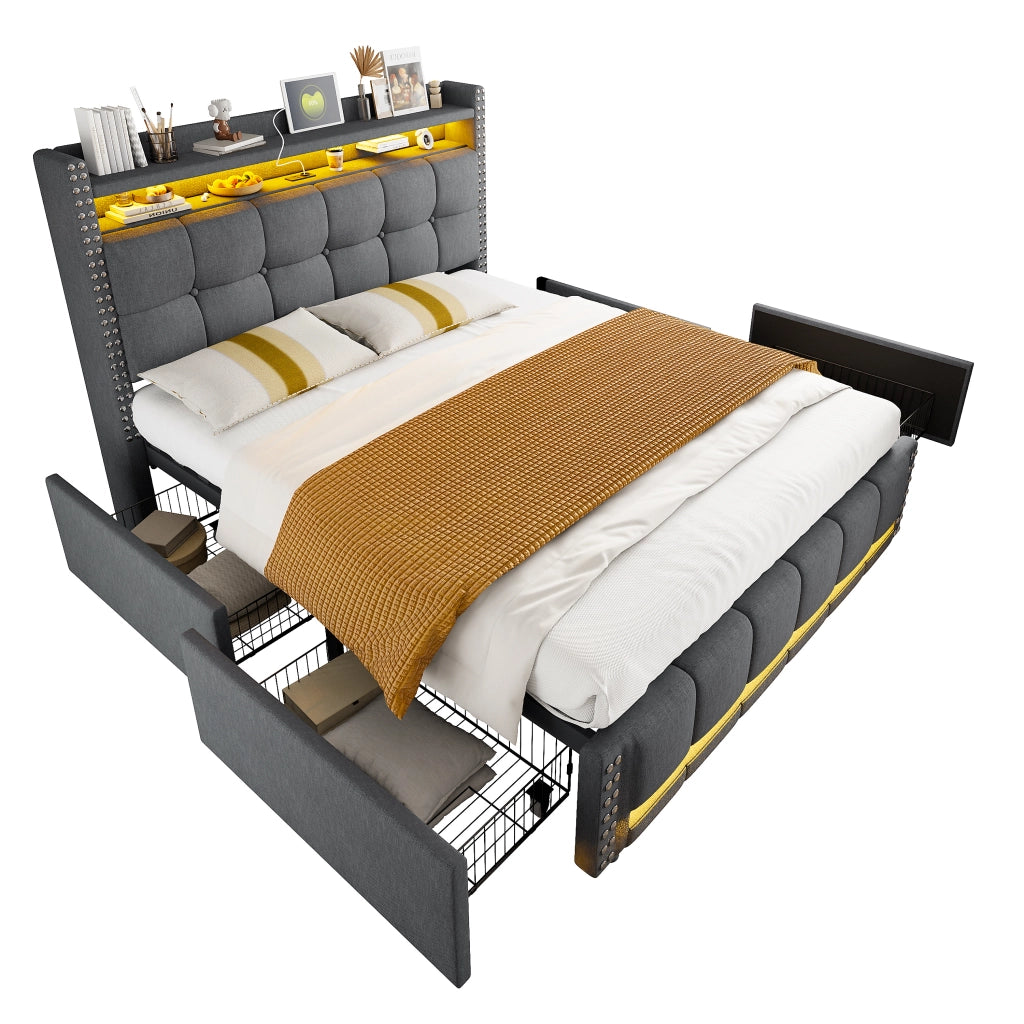 OKWISH Letto con Cassetti 140×200 cm, Letto Matrimoniale con LED Regolabile, USB, Testiera con Mensole e 4 Cassetti, senza Materasso, Grigio