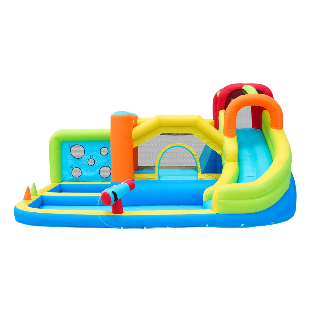 Castello gonfiabile multifunzione con scivolo d'acqua trampolino parete da arrampicata e soffiatore 450 W in tessuto oxford blu