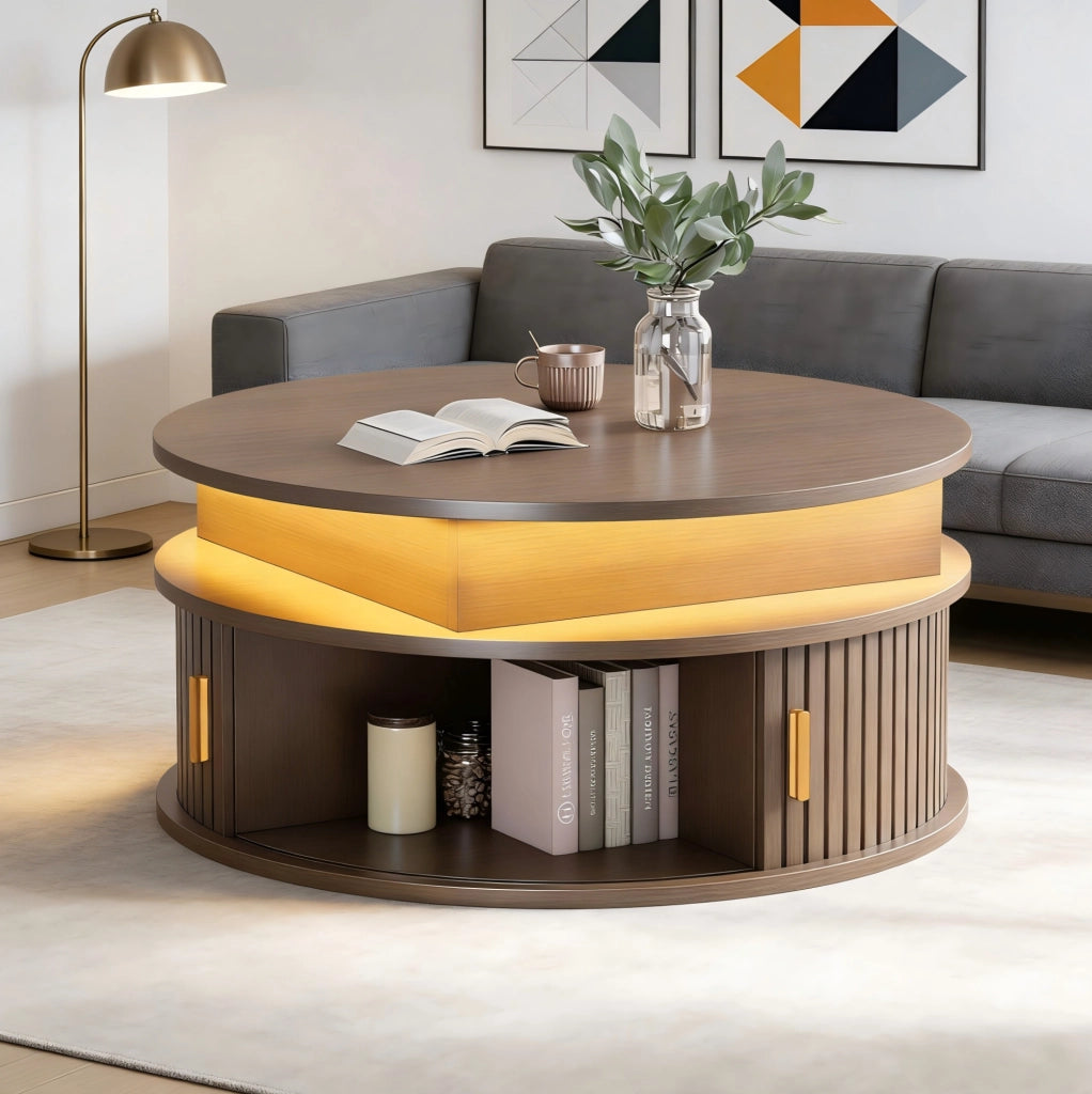 Tavolino da caffè rotondo regolabile con LED, contenitore e ante avvolgibili, noce, 75 cm