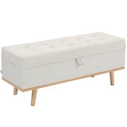 Panca Contenitore da 80L Imbottita con Rivestimento in Tessuto e Gambe in Legno, 118x42x45 cm, Crema