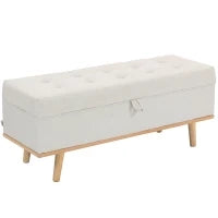 Panca Contenitore da 80L Imbottita con Rivestimento in Tessuto e Gambe in Legno, 118x42x45 cm, Crema