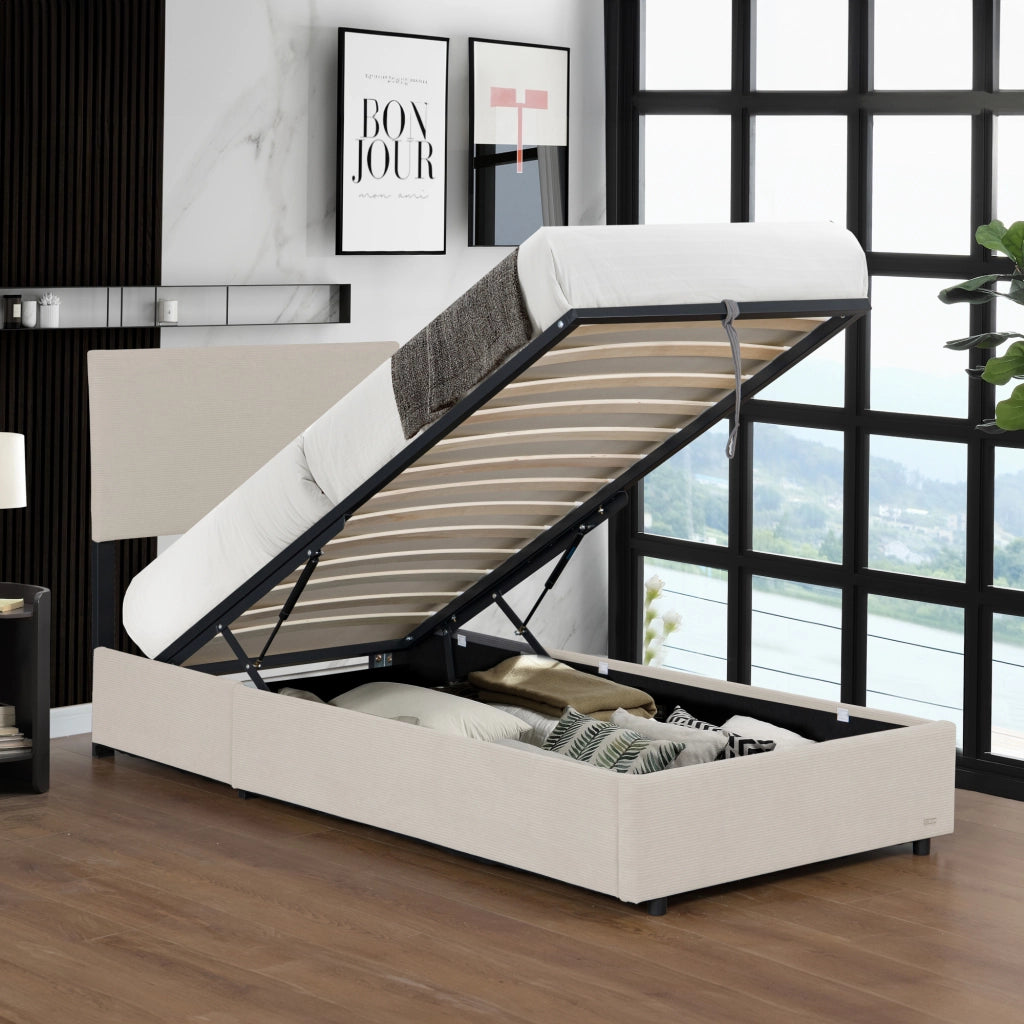 Letto Contenitore Juva Apertura a Ribalta Letto Singolo con Materasso 90x200 cm Velluto a Coste Beige Corium
