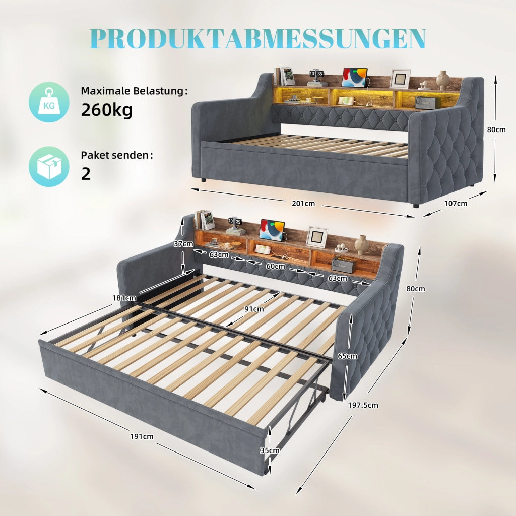 Letto divano estraibile 90 × 190 cm con contenitore, illuminazione LED, USB e Type-C, senza materasso, grigio scuro