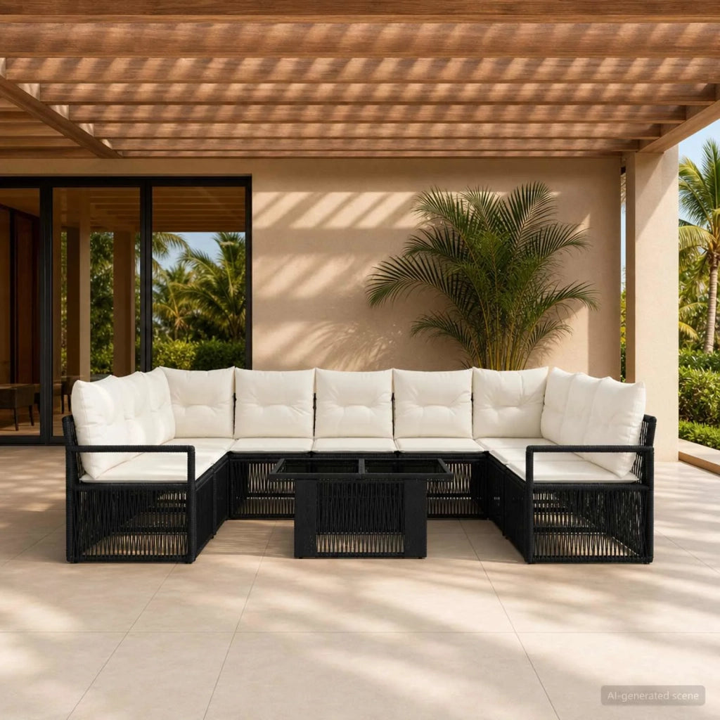 Set Divano da Giardino 10 pz Nero e Bianco Crema polyrattan 3437143