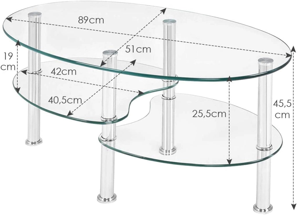 Tavolino da Divano, a 3 Ripiani in Vetro Temperato, Struttura in Metallo, Design Moderno, Trasparente, Ideale per Soggiorno e Ufficio, Portata di 50 kg, 90x50x45 cm (Bianco)