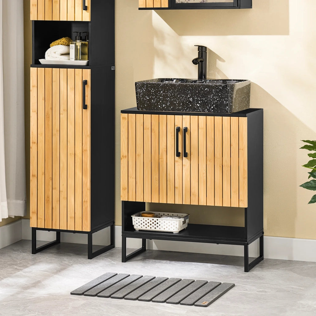 SoBuy Mobile Sottolavabo Bagno 60 cm Mobiletto Salvaspazio con Ante in Bambù e Piedini in Metallo Armadietto Moderno Sotto Lavabo per Bagno Piccolo BZR202-SCH