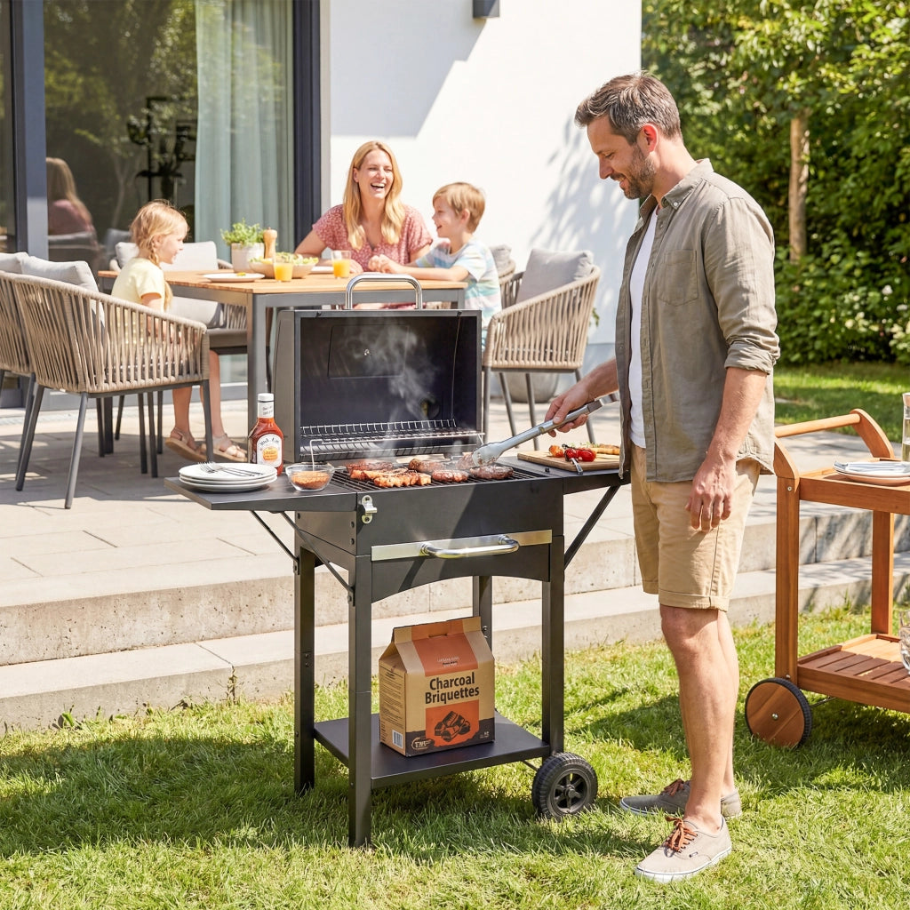 Barbecue a Carbone 110x46,5x101 cm con 2 Ripiani Laterali Termometro Coperchio e Ruote in Metallo e Acciaio Nero
