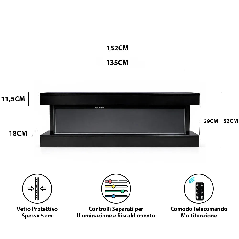 Tempo Style - Camino elettrico a parete e da incasso ALARO ULTRA+ | Stufa ventilata da 750W/1500W a basso consumo (Nero, 152cm)