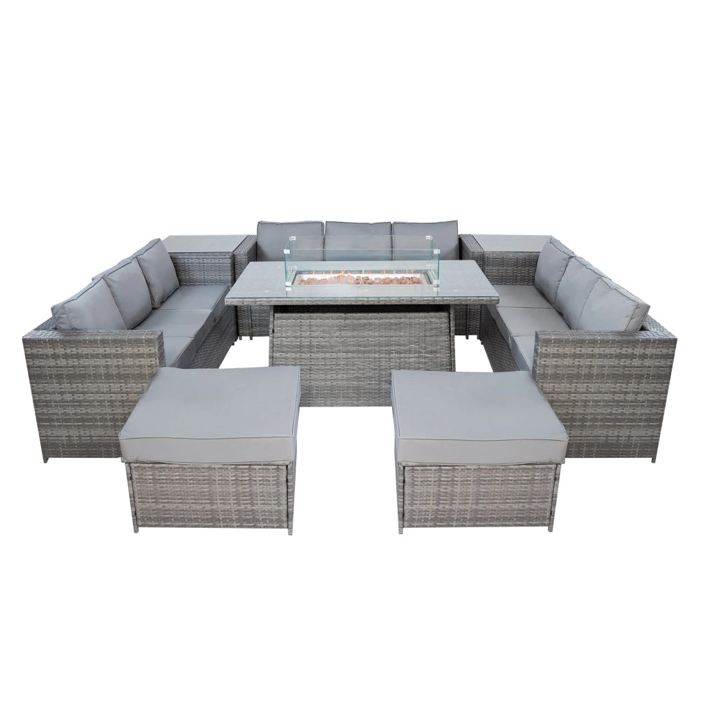 Set Giardino Rattan 11 Posti Grigio Divani Sgabelli Tavolo Firepit