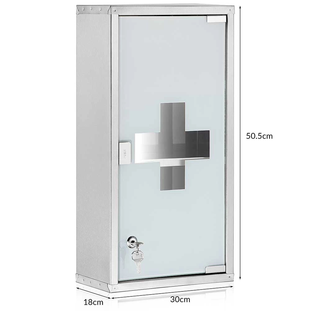 Armadietto Porta Medicinali Acciaio Inox e Vetro Satinato 50x30x18 cm con Chiave