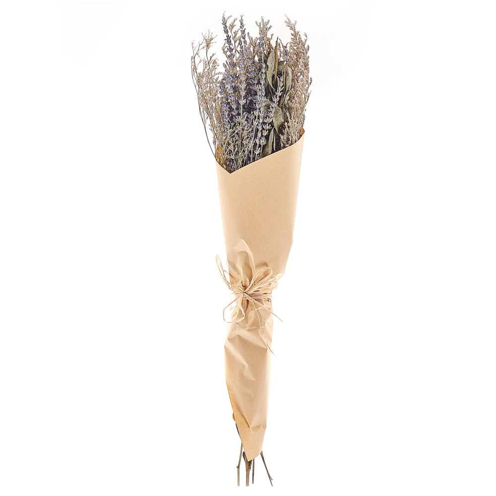 Mazzo di fiori secchi decorativi di colore viola e verde 70 cm e avvolti in carta decorativa
