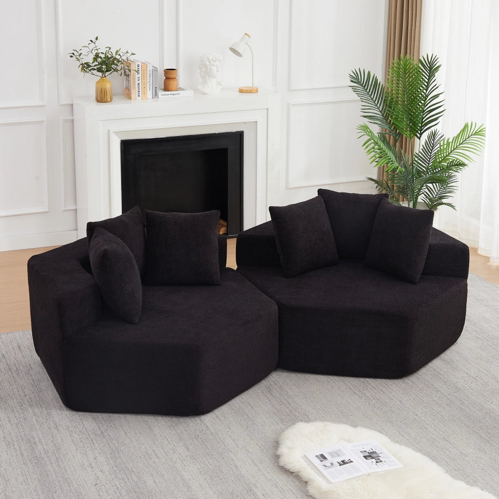 Fauteuil modulare esagonale con 3 cuscini e imbottitura in schiuma e molle per composizioni versatili in ciniglia nero