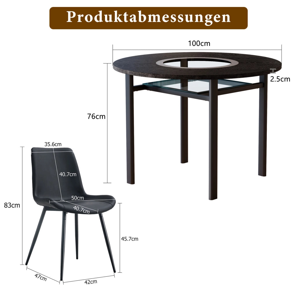 Tavolo da pranzo rotondo con 4 sedie in PU, piano in MDF con inserto in vetro e ripiano in vetro, nero marrone Ø 100 cm