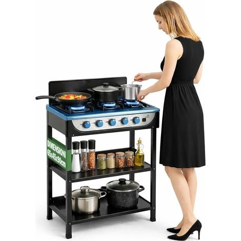 Staylux cucina 5 fuochi gpl con 2 ripiani, libera installazione per uso esterno ed interno, colore nero, dimensioni 65x49xh92 cm