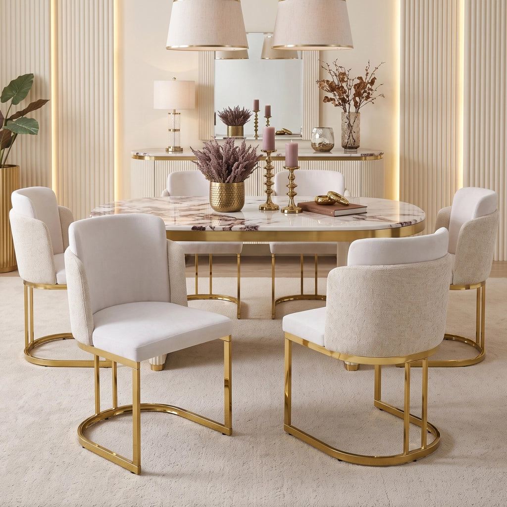 Set di 2 sedie da pranzo in Chenille beige con gambe in metallo dorato, schienale doppio, design moderno