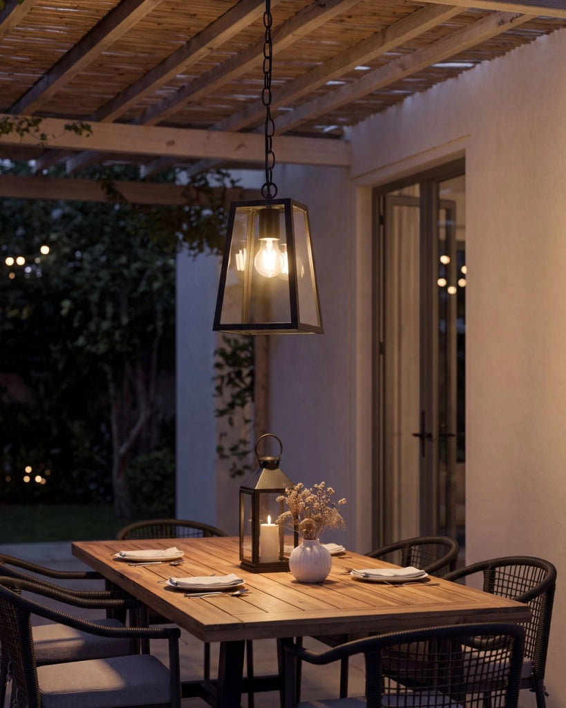 Lampada a sospensione da esterno per l'illuminazione e la decorazione del giardino, struttura in alluminio opaco, paralume in vetro, nera