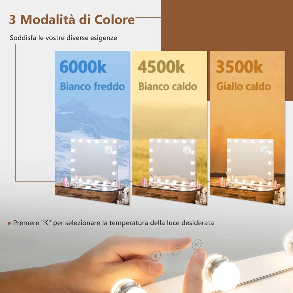 Specchio Trucco con 18 Luci, Specchio Rettangolare per Bagno con Interruttore a Sfioramento, Luce LED a 3 Colori, Luminosità Regolabile, 65 x 52,5 cm
