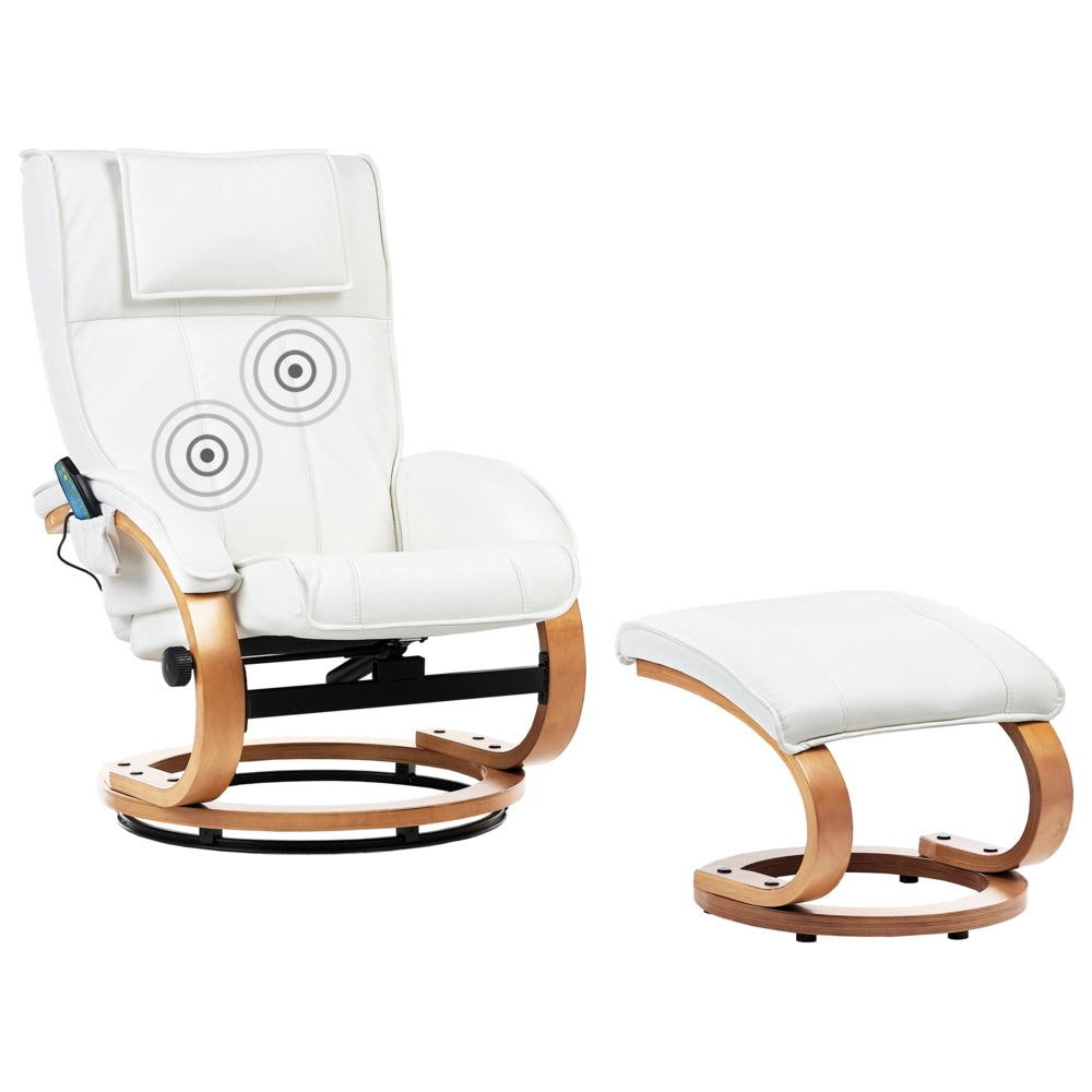 Poltrona reclinabile bianca con poggiapiedi in ecopelle imbottita struttura in legno riscaldamento funzione massaggio design retrò