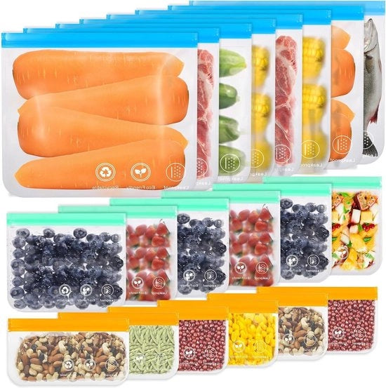 Sacchetti pergelatrici riciclabili - 20 pezzi in 3 misure PEVA - conservazione alimentare con chiusura a cerniera - impermeabili - frutta verdura carne panino.