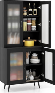 Credenza da Cucina Salvaspazio, Armadio Dispensa con 4 Ante Trasparenti, Ripiano Regolabile e Gambe in Metallo, Mobiletto Alto per Soggiorno e Sala da Pranzo, 80 x 40 x 178,5 cm (Nero)