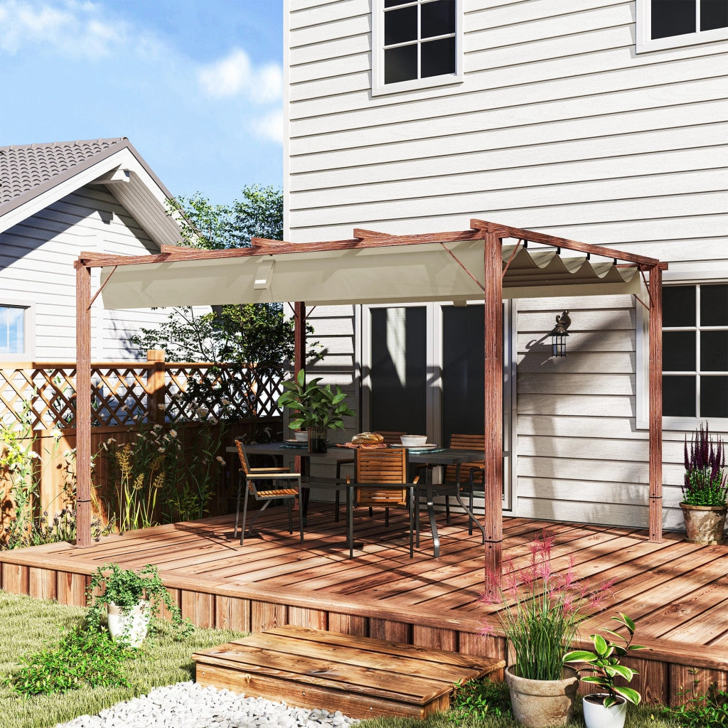 Gazebo Pergola da Giardino 382x300x232 cm con Tetto Retrattile in Poliestere e Alluminio color Legno
