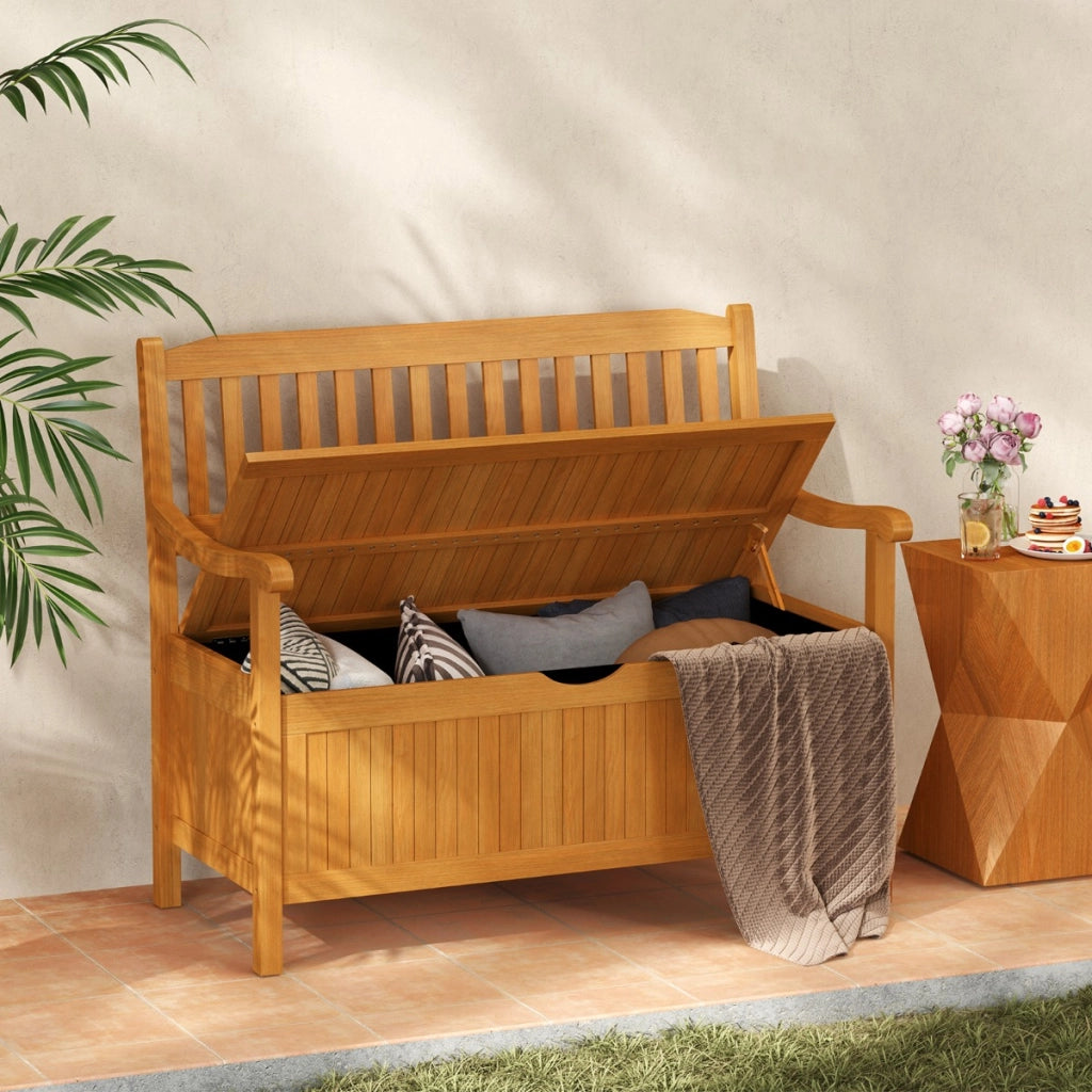 Panca per ingresso con strato interno rimovibile, Panchina contenitore di legno da esterno Naturale-Panchine