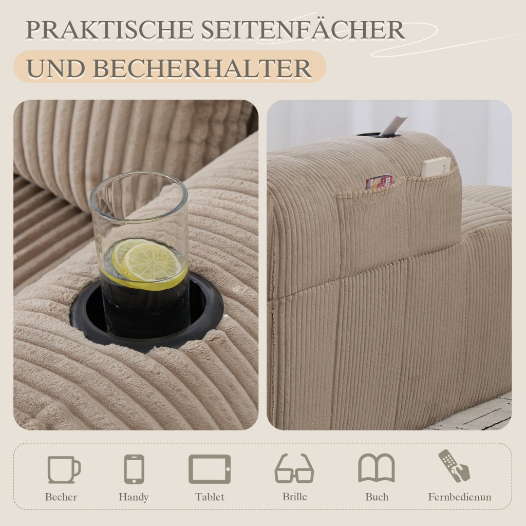 Fauteuil relax in tessuto corduroy con tasche laterali e portabicchieri, imbottitura in schiuma, compatto kaki