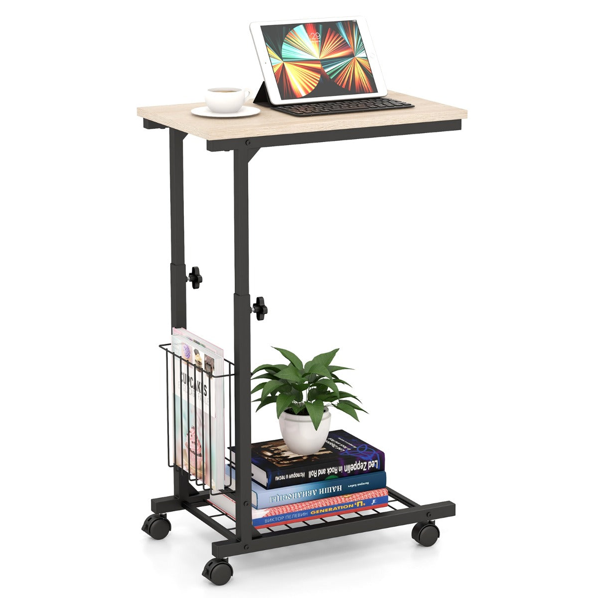 Tavolino laterale per divano con ruote e cestino portaoggetti, Tavolino PC regolabile per soggiorno 50x30x80cm Naturale-Tavolini per laptop