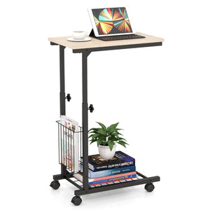 Tavolino laterale per divano con ruote e cestino portaoggetti, Tavolino PC regolabile per soggiorno 50x30x80cm Naturale-Tavolini per laptop